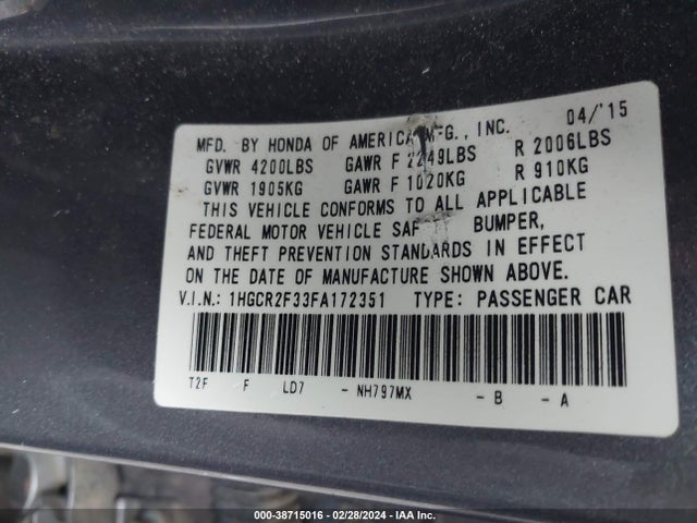 Honda ACCORD LX 2015 1HGCR2F33FA172351 Image 9