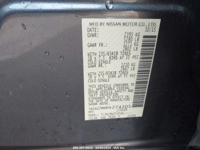 Nissan MURANO S 2015 5N1AZ2MH8FN274205 Image 9