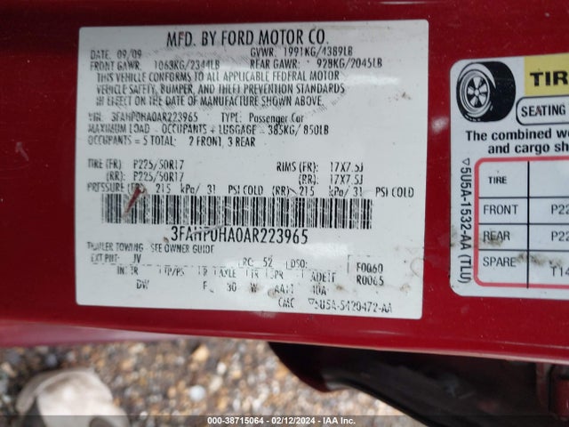 2010 FORD FUSION SE VIN: 3FAHP0HA0AR223965
