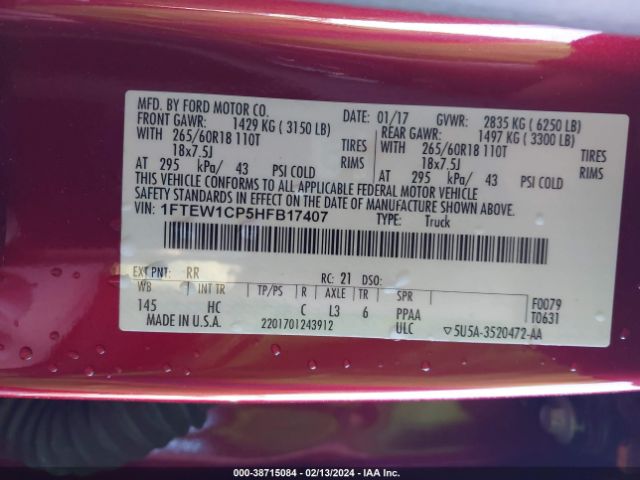 1FTEW1CP5HFB17407 Ford F-150 Lariat