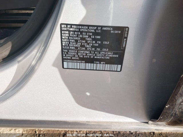 1V2UR2CA2KC563168 Volkswagen Atlas 3.6l V6 Se W/technology