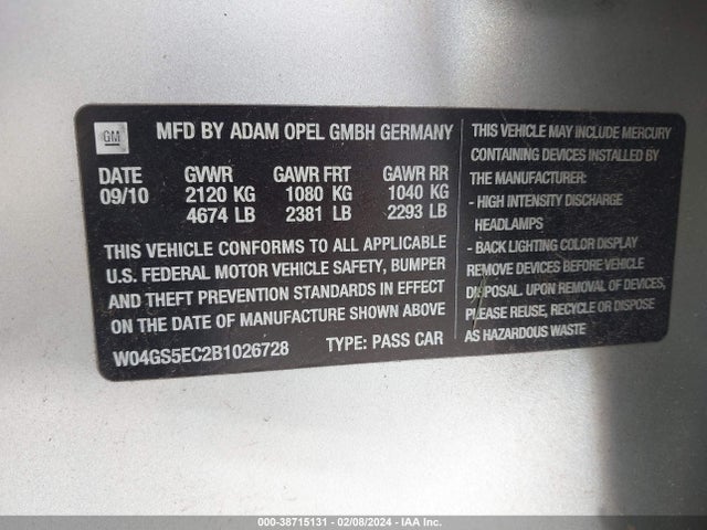 2011 BUICK REGAL CXL RUSSELSHEIM VIN: W04GS5EC2B1026728