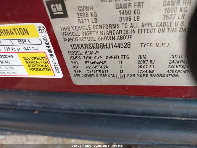 1GKKRSKD8HJ144528 GMC Acadia Limited