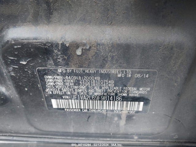 2015 Subaru Wrx Sti მანქანა იყიდება აუქციონზე, vin: JF1VA2L69F9814186, აუქციონის ნომერი: 38715294