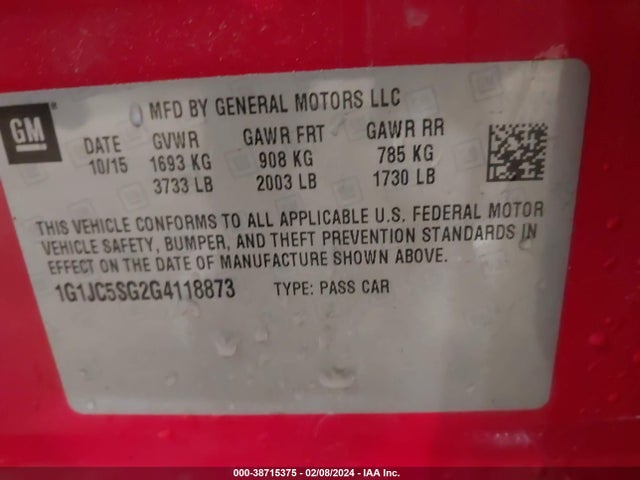 Chevrolet Sonic Lt Auto 2016 1G1JC5SG2G4118873 Image 9