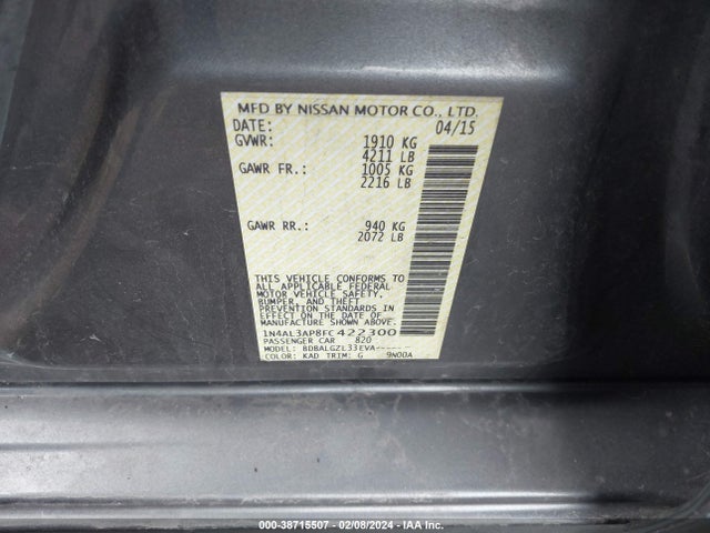 2015 NISSAN ALTIMA 2.5/2.5 S/2.5 SL/2.5 SV VIN: 1N4AL3AP8FC422300
