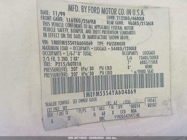 2000 MERCURY SABLE LS PREMIUM VIN: 1MEFM55S4YA604869