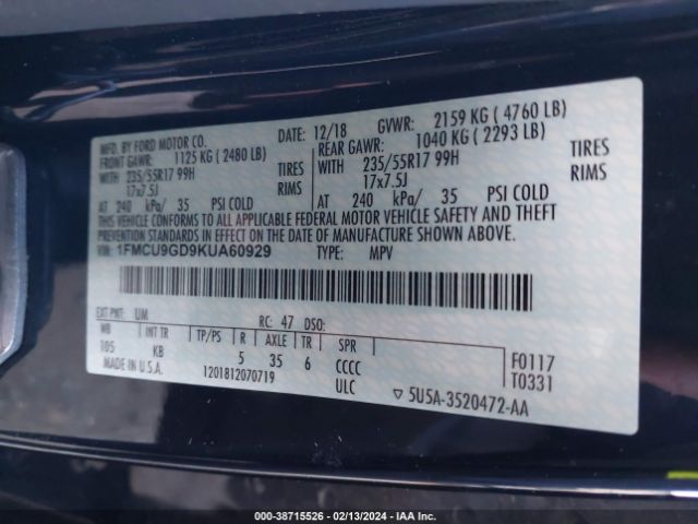 1FMCU9GD9KUA60929 Ford ESCAPE SE