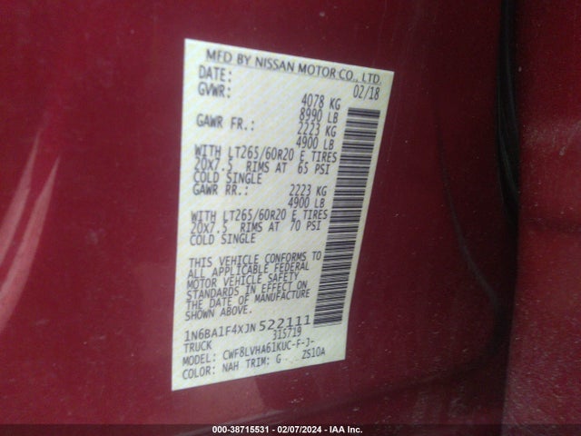1N6BA1F4XJN522111 Nissan Titan Xd Sl Diesel