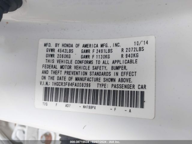 1HGCR3F84FA008396 Honda Accord Ex-l V-6