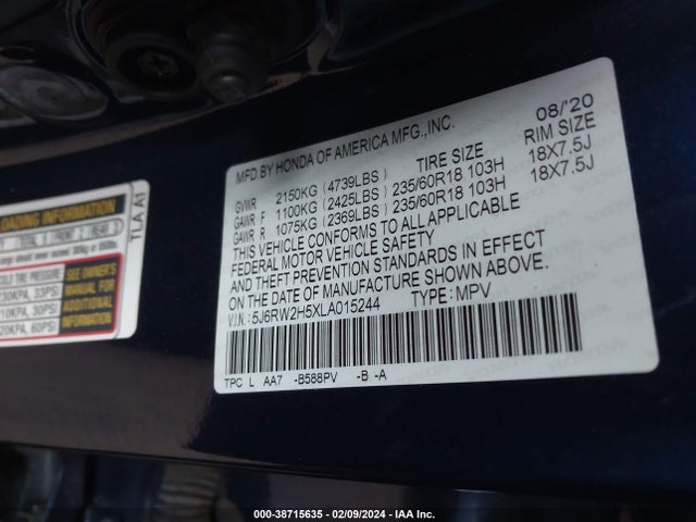 Honda Cr-v Awd Ex 2020 5J6RW2H5XLA015244 Image 9
