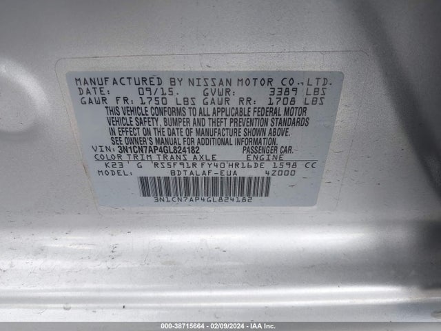 Nissan Versa 1.6 S 2016 3N1CN7AP4GL824182 Image 9