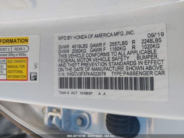 1HGCV3F57KA022076 Honda Accord Hybrid Ex-l