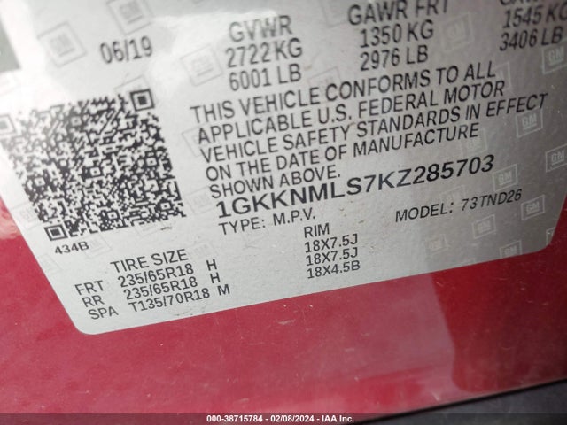 GMC Acadia Slt-1 2019 1GKKNMLS7KZ285703 Image 9
