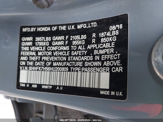 Honda CIVIC EX 2017 SHHFK7H56HU200809 Image 9