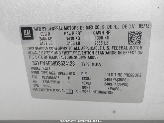 2013 CADILLAC SRX STANDARD VIN: 3GYFNAE39DS634128