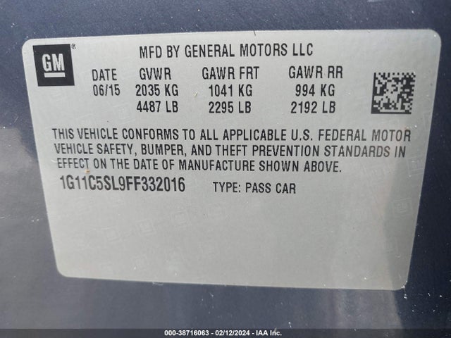 Chevrolet MALIBU 1LT 2015 1G11C5SL9FF332016 Image 9