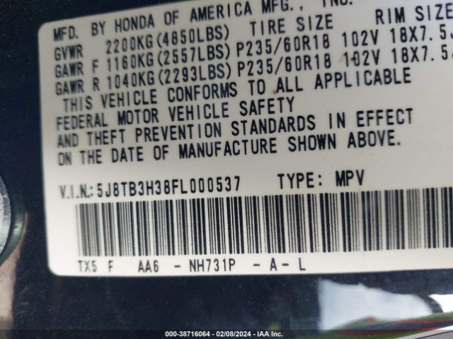5J8TB3H38FL000537 Acura RDX