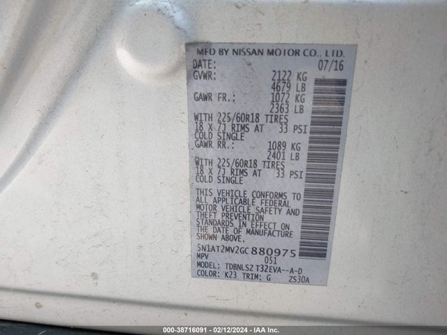 2016 NISSAN ROGUE SL VIN: 5N1AT2MV2GC880975