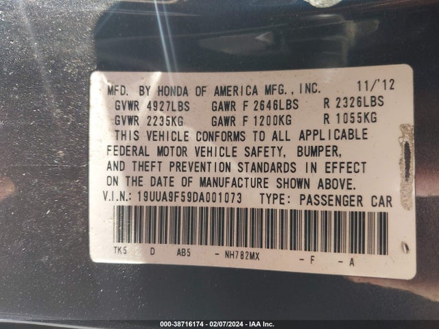 2013 ACURA TL 3.7 VIN: 19UUA9F59DA001073