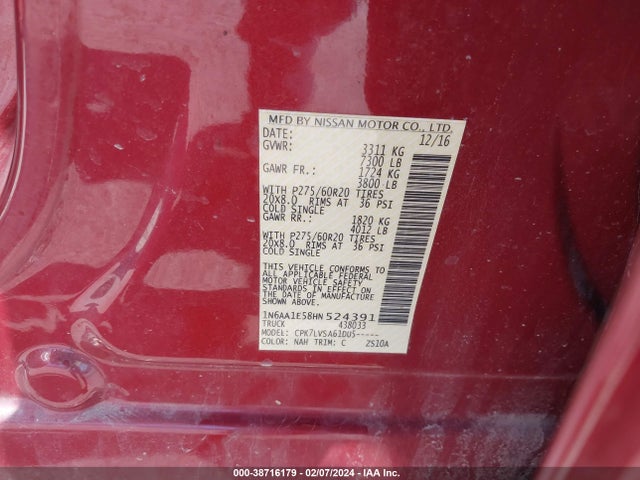 Nissan Titan Sl 2017 1N6AA1E58HN524391 Image 9