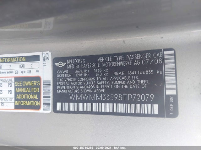 2008 MINI COOPER S CLUBMAN WMWMM33598TP72079 Photo 8