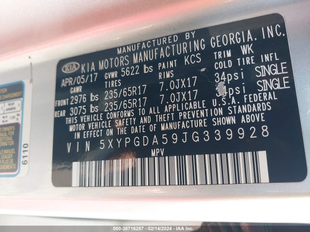 KIA Sorento 3.3l Lx 2018 5XYPGDA59JG339928 Image 9