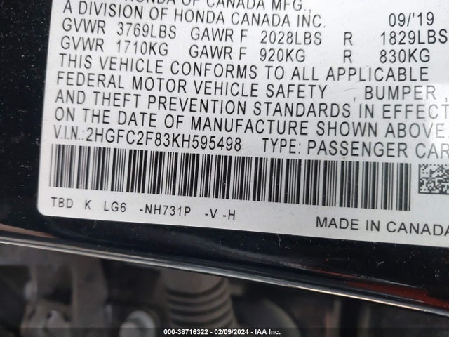 Honda Civic Sport 2019 2HGFC2F83KH595498 Image 9