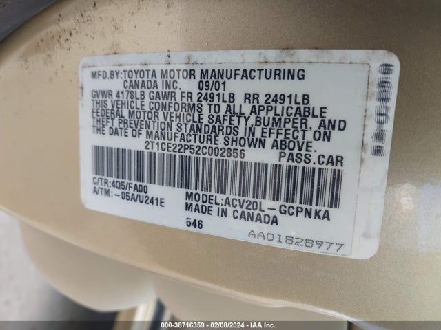 2002 TOYOTA CAMRY SOLARA SE VIN: 2T1CE22P52C002856