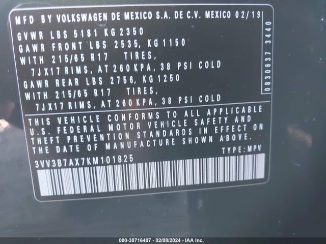 3VV3B7AX7KM101825 Volkswagen Tiguan 2.0t Se/2.0t Sel/2.0t Sel R-line/2.0t Sel R-line Black
