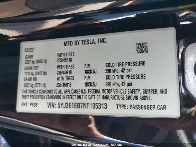 5YJ3E1EB7NF195313 Tesla Model 3 Long Range Dual Motor All-wheel Drive