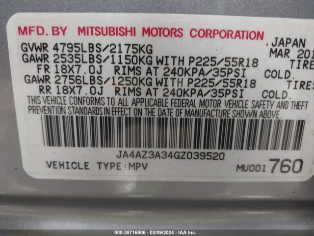 JA4AZ3A34GZ039520 Mitsubishi Outlander Es