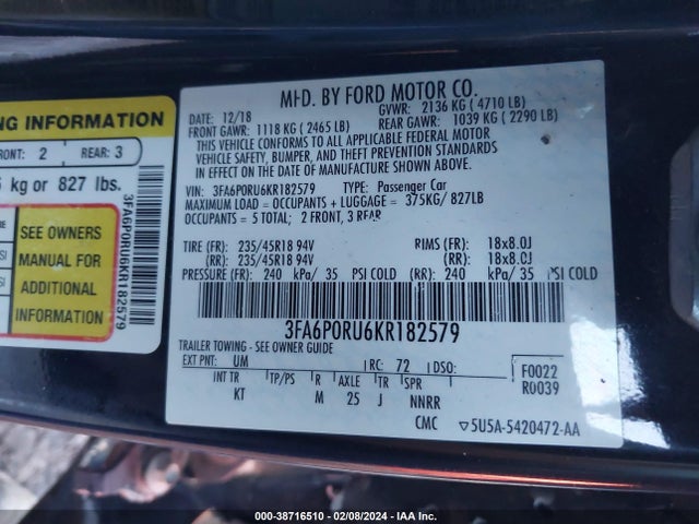 Ford Fusion Hybrid Titanium 2019 3FA6P0RU6KR182579 Image 9