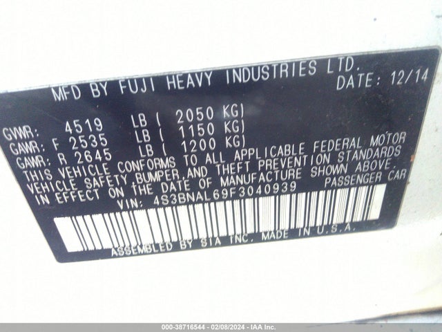 2015 SUBARU LEGACY 2.5I LIMITED VIN: 4S3BNAL69F3040939