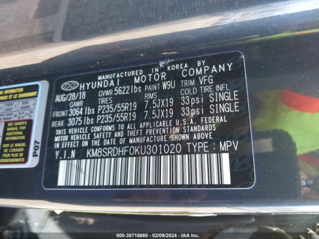 KM8SRDHF0KU301020 Hyundai Santa Fe Xl Limited Ultimate