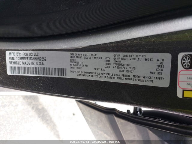 RAM 1500 Big Horn  4x2 5'7 Box 2022 1C6RREFM3NN152652 Image 9