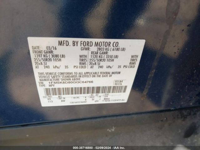 1FM5K8D80GGC64766 Ford EXPLORER XLT