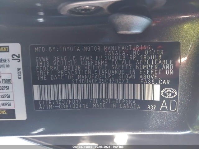 2009 TOYOTA COROLLA S VIN: 2T1BU40E09C178073