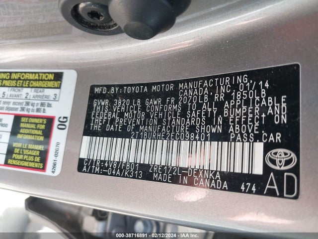 Toyota COROLLA LE 2014 2T1BURHE2EC098401 Image 9