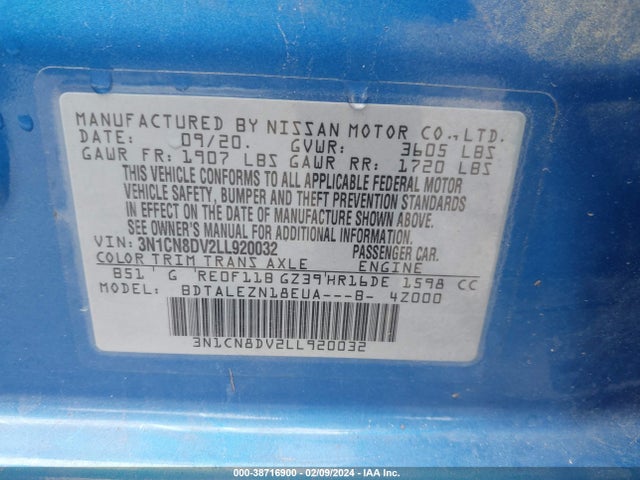 Nissan Versa S Xtronic Cvt 2020 3N1CN8DV2LL920032 Image 9