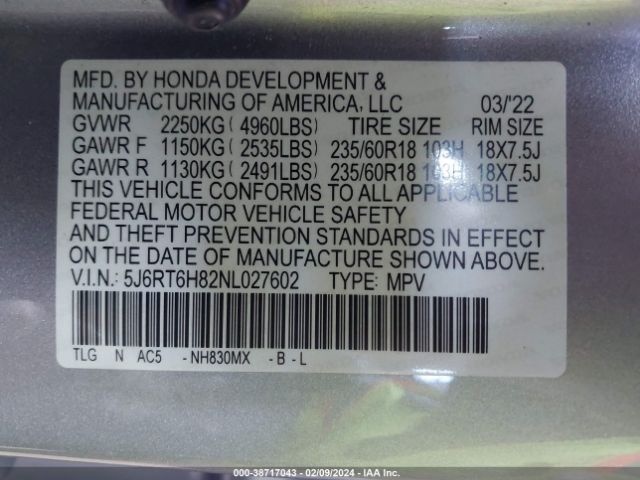 5J6RT6H82NL027602 Honda Cr-v Hybrid Ex-l