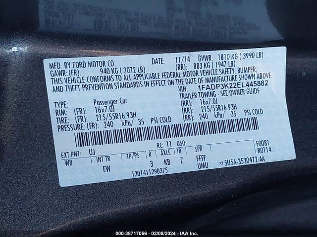2014 FORD FOCUS SE VIN: 1FADP3K22EL445882