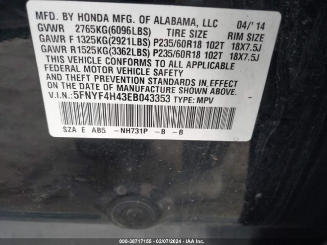 5FNYF4H43EB043353 Honda Pilot Ex