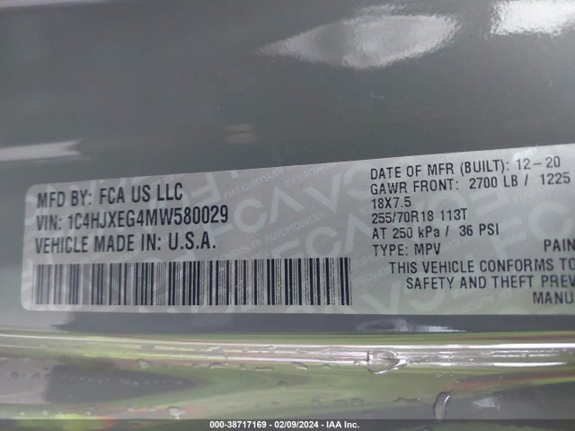 1C4HJXEG4MW580029 Jeep Wrangler Unlimited Sahara Altitude 4x4