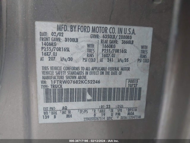 2002 FORD F-150 LARIAT/XLT VIN: 1FTRW07682KC52246