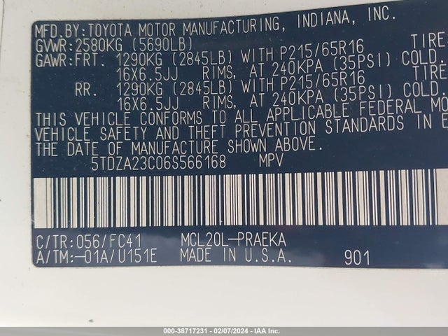 Aukcja sprzedaży 2006 Toyota Sienna Le, vin: 5TDZA23C06S566168, numer aukcji: 38717231