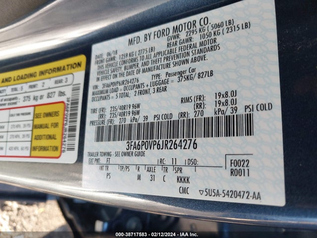 3FA6P0VP6JR264276 Ford Fusion Sport