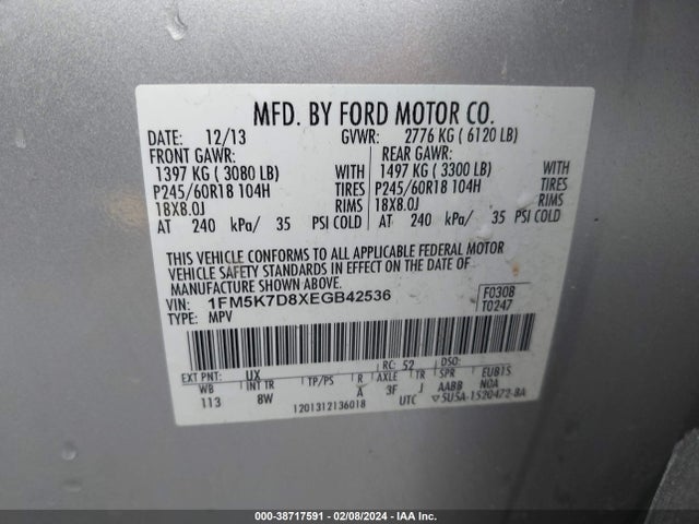 Ford EXPLORER XLT 2014 1FM5K7D8XEGB42536 Image 9