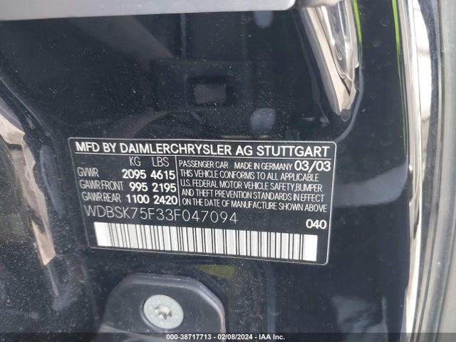 2003 MERCEDES-BENZ SL-CLASS BASE (A5) VIN: WDBSK75F33F047094