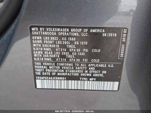 1V2AP2CA0JC599531 Volkswagen Atlas 2.0t S